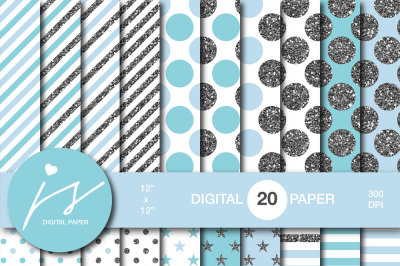 Blue and turquoise silver glitter digital paper, MI-859