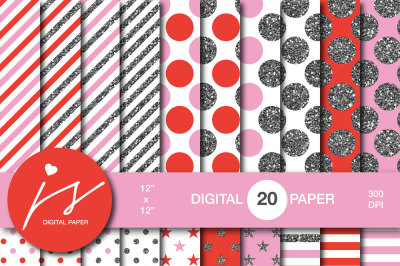 Pink and red silver glitter digital paper, MI-862