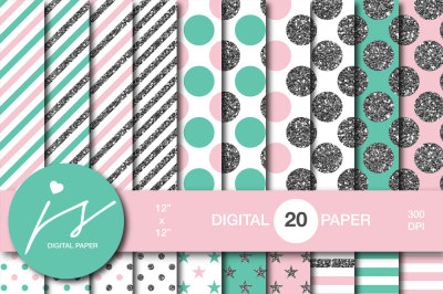 Pink and turquoise silver glitter digital paper, MI-864