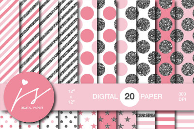 Pink silver glitter digital paper, MI-870