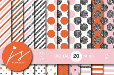 Pink and orange silver glitter digital paper, MI-887
