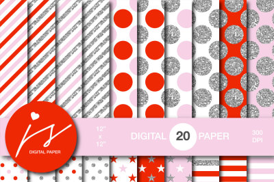 Pink and red glitter silver digital paper, MI-931