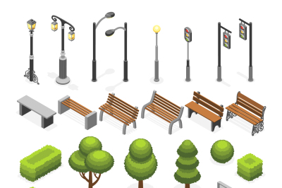 Isometric city street outdoor objects vector set