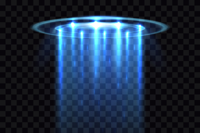 UFO light beam, aliens futuristic spacecraft isolated on transparent c
