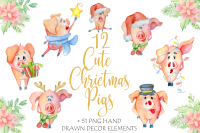 Cute Christmas watercolor pigs