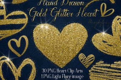 30 Gold Glitter Hand Drawn Heart Clip Arts Wedding Valentine