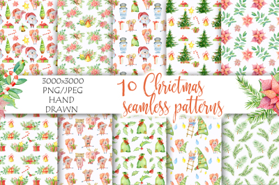 Christmas seamless patterns with pigs