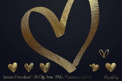 30 Realistic 24k Gold Metallic Hand Drawn Heart Clip Arts