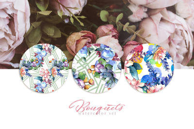 Bouquets flowers set PNG watercolor