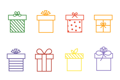 Vector multicolor gift boxes thin line icons set