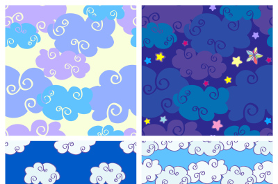 Set of vector cartoon hand drawn clouds seamless patterns