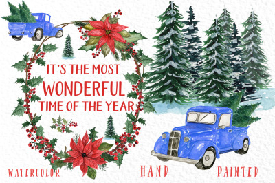 Watercolor Christmas cars clipart, Poinsettias Wreaths