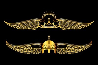 Set of golden winged crowns logos black background