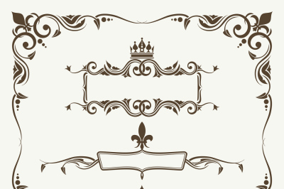 Royal crowns and fleur de lys ornate frames