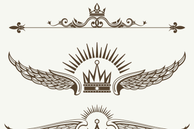 Set of royal winged crowns design elements