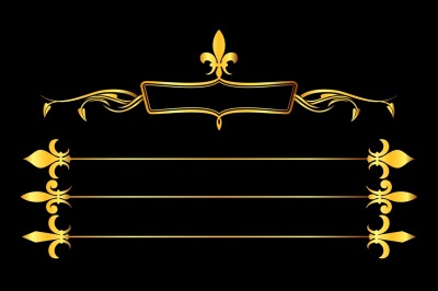 Golden vector fleur de lys frame and borders black background