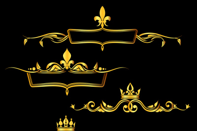 Set of golden royal frames and borders black background