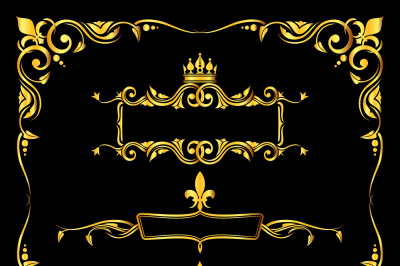 Set of ornate golden royal frames black background