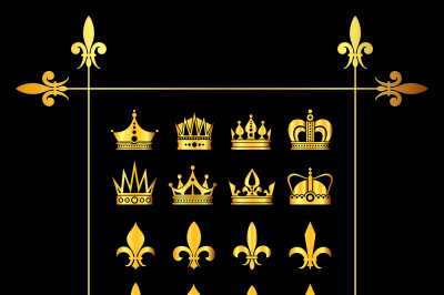 Set of golden vector crowns and fleur de lys black