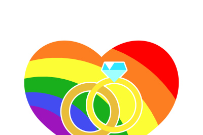 Vector gay LGBT wedding rings rainbow heart