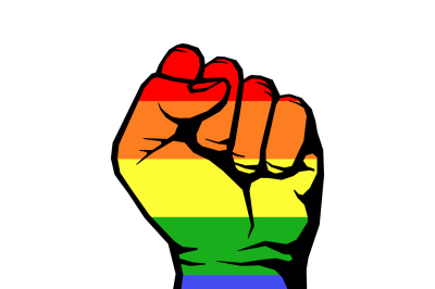 Fight for gay LGBT rights rainbow fist white background