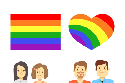 Vector happy gay LGBT pairs with rainbow flag and heart