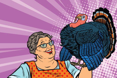 Holiday grandma with a live Turkey