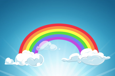 Vector rainbow clouds blue sky and grass