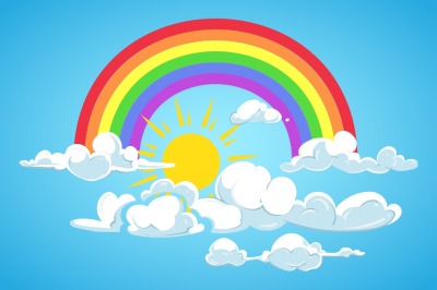 Vector sun&2C; rainbow and clouds blue sky