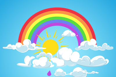 Vector rainbow and clouds with falling rain blue sky