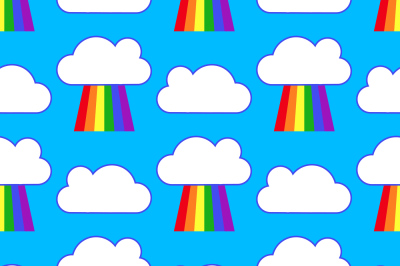 Blue sky with rainbows and clouds seamless pattern