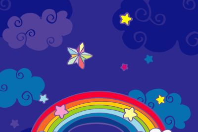 Hand drawn cartoon rainbow and clouds night sky