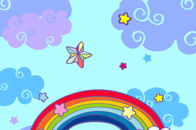 Vector hand drawn cartoon rainbow and clouds