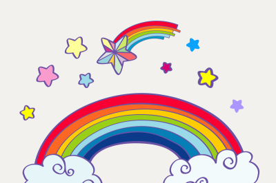 Hand drawn cartoon rainbow&2C; clouds and falling stars