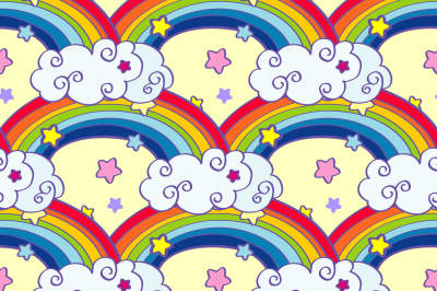 Hand drawn cartoon rainbow&2C; clouds and stars seamless pattern