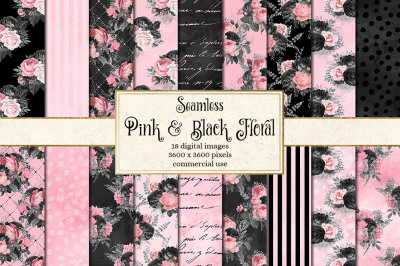 Pink and Black Floral digital Paper