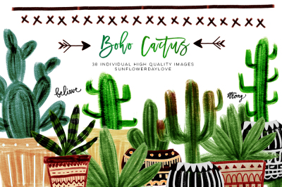 Boho Cactus Clipart, Watercolor Boho Clipart