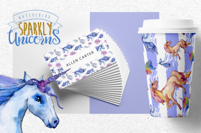 Watercolor Sparkly unicorns PNG set
