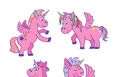 Set of vector pink unicorns white background