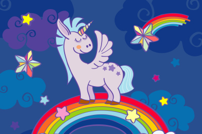 Vector hand drawn unicorn standing on a rainbow