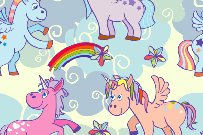 Pastel colored vector hand drawn unicorns seamless pattern