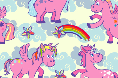 Pastel colored vector hand drawn unicorns seamless pattern