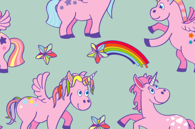 Pastel colored vector hand drawn unicorns seamless pattern