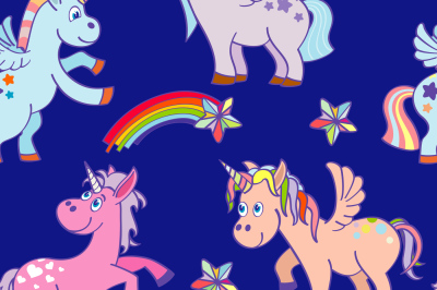 Vector hand drawn unicorns seamless pattern blue sky