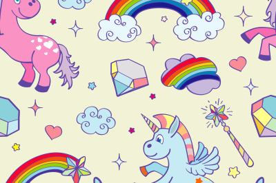 Vector hand drawn unicorns seamless pattern