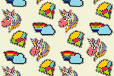 Vector patch unicorns and rainbows seamless pattern