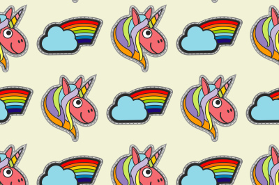 Vector patch unicorns and rainbows seamless pattern