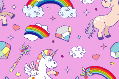 Pink vector hand drawn unicorns seamless pattern