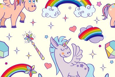 Vector hand drawn unicorns and magic seamless pattern