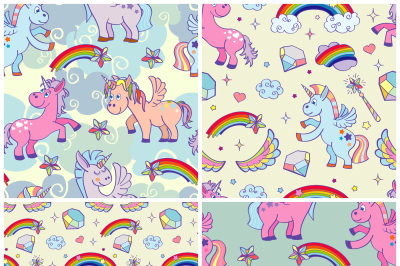 Set of vector hand drawn unicorns and magic seamless pattern